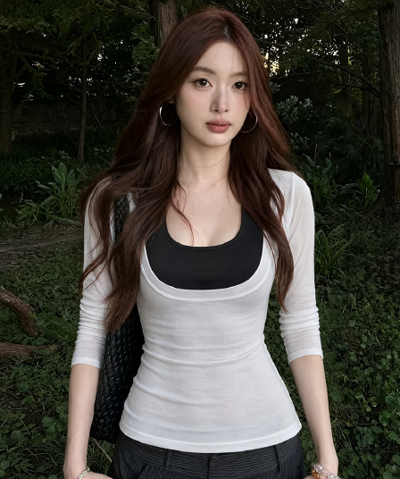 실사 빅 사이즈 느긋한 바람 배색 얇은 스타일 마이크로 ~을 통해 티셔츠 여성 가을 새로운 행침 목 캐미솔 세트