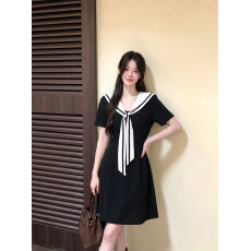 批发实拍1500件大码女装<b class='q'>夏</b>季韩系海军领学院风短袖连衣裙胖MM显瘦