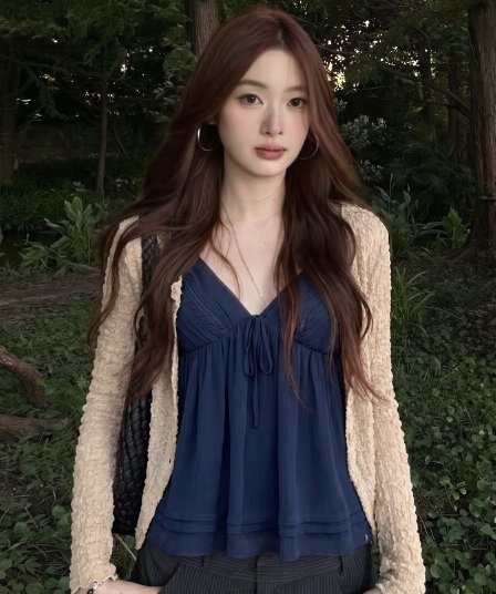 실사 빅 사이즈 가을 새로운 한 부서 버블 오픈 가디건 순수한 욕망 V넥 캐미솔 디자인 센스 세트