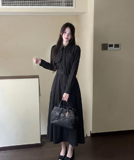 실사 빅 사이즈 이른 가을 품격 프랑스식 검정색 디자인 센스 프랑스식 몸매 가꾸기 패션 허리 수축 슬림해 보이는 한 마디 드레스