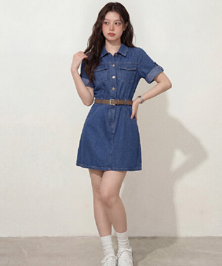 실사 l-4xl 빅 사이즈 여성 의류 여름 새로운 지방 mm 허리 수축 슬림해 보이는 쇼트 스타일 반팔 데님 드레스