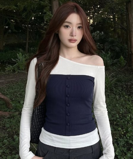 실사 빅 사이즈 배색 패치워크 비스듬한 어깨 긴팔 티셔츠 가을 한 부서 오프숄더 몸매 가꾸기 슬림해 보이는 캐주얼 다용도 맨위