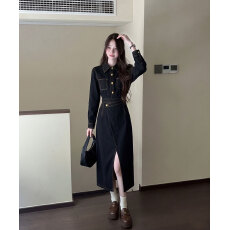 批发实拍<b class='q'>大码</b>女装秋季气质简约复古显瘦遮肉高级感黑色长袖<b class='q'>牛仔裙</b>