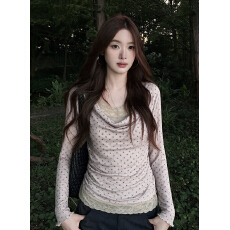 批发实拍~大码韩系辣妹蕾丝拼接波点荡领上衣女秋季新款长袖T恤设计感