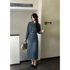 批发实拍~<b class='q'>大码</b><b class='q'>女</b>装秋季气质复古收腰显瘦高级感长袖牛仔A字<b class='q'>连衣裙</b>胖MM