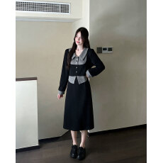 批发实拍~大码女装韩系<b class='q'>通勤</b>慵懒拼接假两件polo领长袖收腰显瘦连衣裙