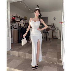 批发实拍性感低胸长款高开叉礼服连衣裙