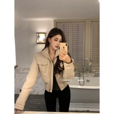 批发何晨曦 90白鸭绒短款加厚夹克羽绒服女内置防风涂层收腰机车外套