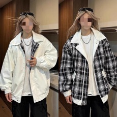 批发双面穿pu皮衣棉服男秋<b class='q'>冬</b>宽松情侣格子夹克美式潮牌青少年防水棉衣