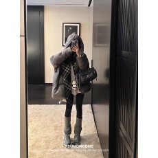批发SUNONEONE灰色90白鸭绒羽绒服女秋冬连帽长款外套