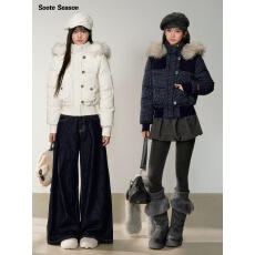 批发10月08日新品Soote Season 原创毛领半高领格纹羽绒服短外套