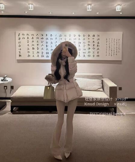 Du 합계 홈 한 여성 모래 시계 허리 다운 재킷 한 부서 부드러운 바람 보온 모피 칼라 후드 허리 수축 화이트 덕 다운 여성 겨울