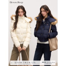 批发ELEVEN SLEEP毛领短款轻薄羽绒服女士冬季韩系连帽保暖藏青色外套