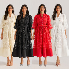 批发实拍宫廷风手工钉钻刺绣<b class='q'>连衣裙</b>镂空长裙