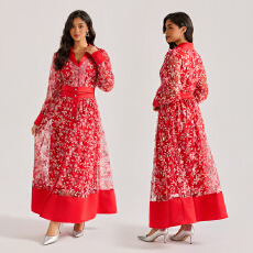 批发实拍宫廷风亮片刺绣连衣裙长袖镂空长裙