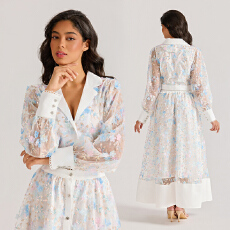 批发实拍宫廷风亮片刺绣连衣裙长袖镂空长裙