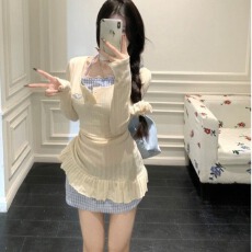 批发韩系不规则挂脖假两件长袖<b class='q'>连衣裙</b>女秋季2025新款修身显瘦A字裙子