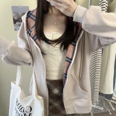 批发棉复合绒外套2025秋<b class='q'>冬</b>季新款格纹拼接加厚连帽开衫卫衣外套女