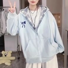 批发棉复合绒外套2025秋<b class='q'>冬</b>季新款格纹拼接加厚连帽开衫卫衣外套女