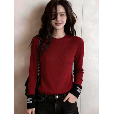 批发安可拉红色圆领撞色打底针织衫女2026早春内搭毛衣高级感<b class='q'>修身</b>上衣