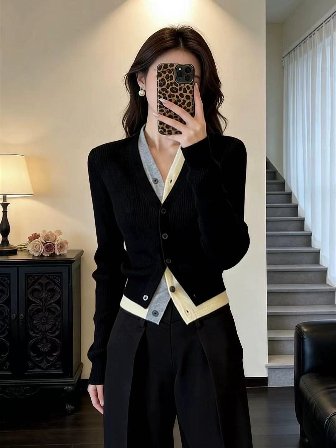 패치워크 페이크 레이어드 니트 오픈 가디건 여성 이른 봄 ootd 착용 가져 가라. 한 부서 chic 고유 한 Chic 열린 봄 품격 맨위