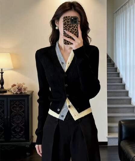 패치워크 페이크 레이어드 니트 오픈 가디건 여성 이른 봄 ootd 착용 가져 가라. 한 부서 chic 고유 한 Chic 열린 봄 품격 맨위