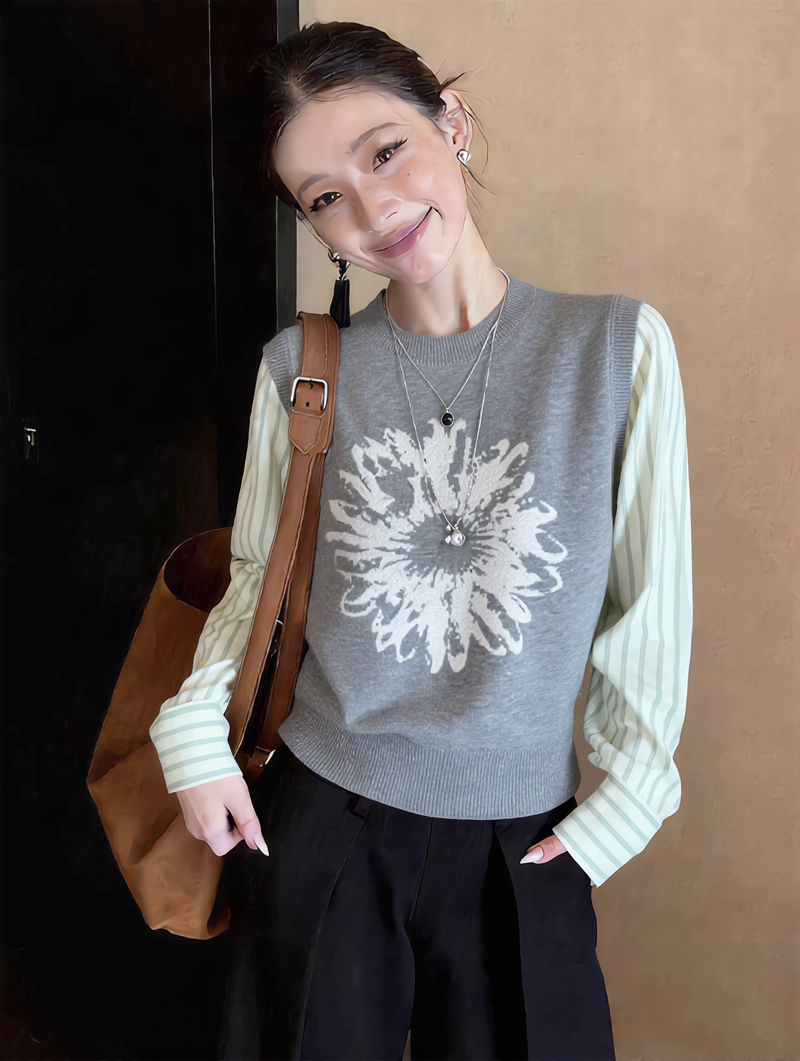 레트로 배색 패션 스웨터 고급 센스 셔츠 소매 패치워크 페이크 레이어드 니트 스웨터 작은 대중 프린트 맨위 여성 봄