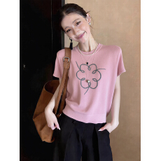 批发立体花朵冰丝针织衫夏季洋气减龄显瘦打底衫休闲百搭短袖套头上衣