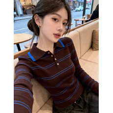 批发复古咖色条纹polo领长袖针织衫女早春洋气别致内搭修身<b class='q'>打底</b><b class='q'>上衣</b>潮