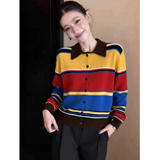 批发翻领撞色条纹长袖针织衫女春秋毛衣开衫2026新款韩系减龄宽松上衣