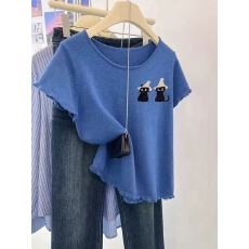 批发欧货超火休闲风小猫短袖针织T恤2026夏季减龄舒适显瘦<b class='q'>通勤</b>上衣女