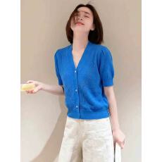 批发超好看蓝色V领短袖针织开衫女2026夏季新款小香风独特别致上衣潮