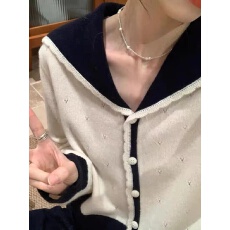 批发海军领撞色全羊毛针织开衫女2026春季新款洋气时尚设计感外套上衣