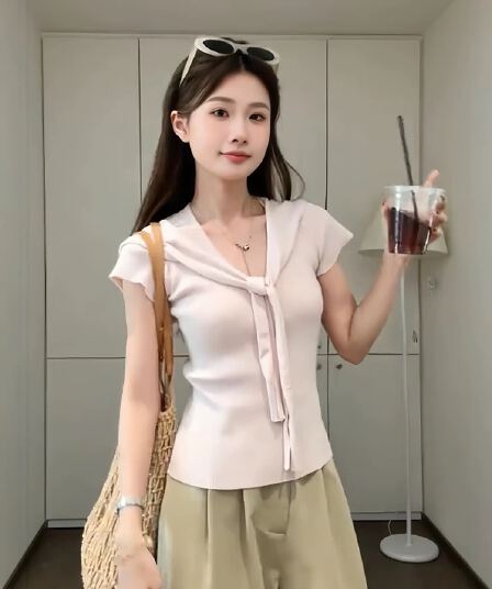 작은 샤넬 스타일 핑크색 숄 V넥 니트 얼음 실크 반팔 티셔츠 여성 여름 슈퍼 잘 생긴 부드러운 고유 한 쇼트 스타일 맨위