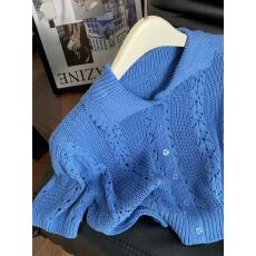 批发法式镂空小衫克莱因蓝polo领针织冰丝短袖t恤女夏季短款正肩上衣