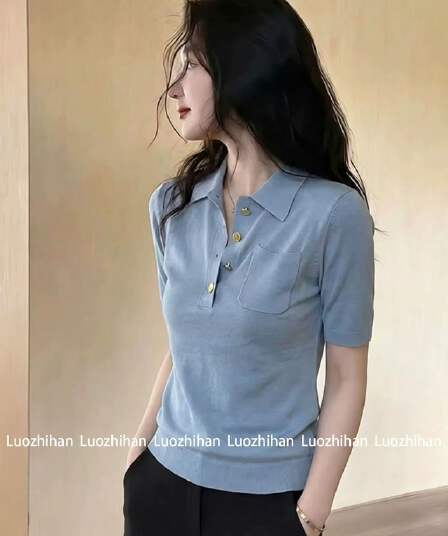 프랑스식 POLO 칼라 파란색 얼음 실크 니트 반팔 티셔츠 여성 2026 여름 새로운 몸매 가꾸기 디스플레이 얇고 작은 맨위 트렌디