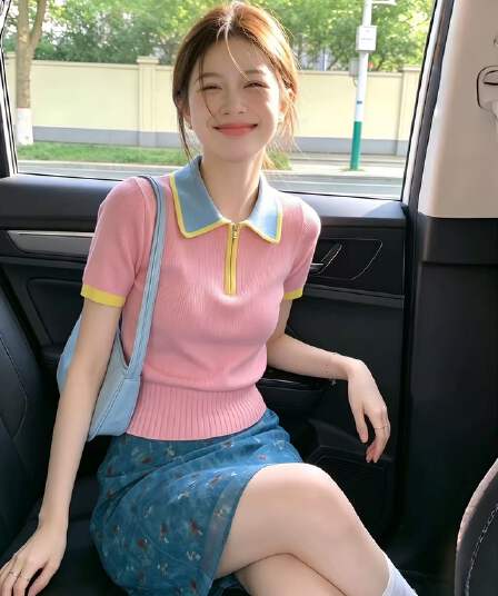 달콤한 스타일 핑크색 POLO 칼라 지퍼 니트 몸매 가꾸기 반팔 티셔츠 여성 2026 새로운 여름 도파민 맨위