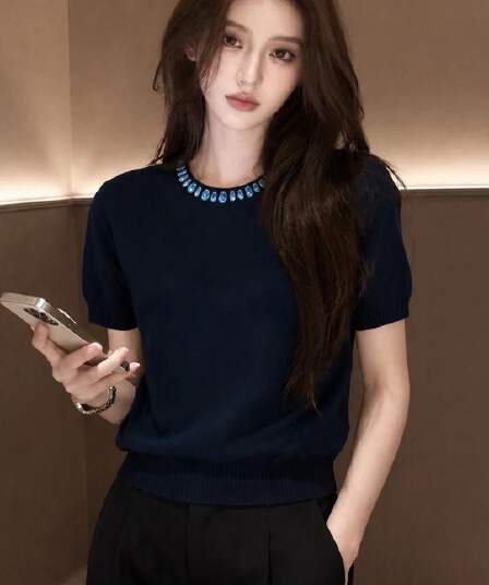 디자인 센스 출퇴근 다용도 패션 품격 다이아몬드 세팅 풀오버 니트 스웨터 여름 새로운 작은 대중 Chic 반팔 맨위