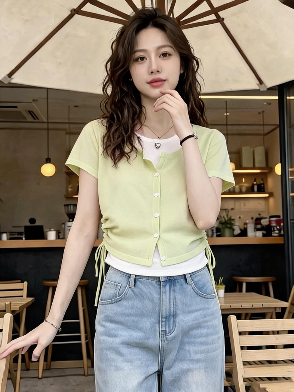 绿色假两件短袖t恤女夏季薄款冰丝针织衫短款修身显瘦上衣 服裝批發女裝批發服飾貨源