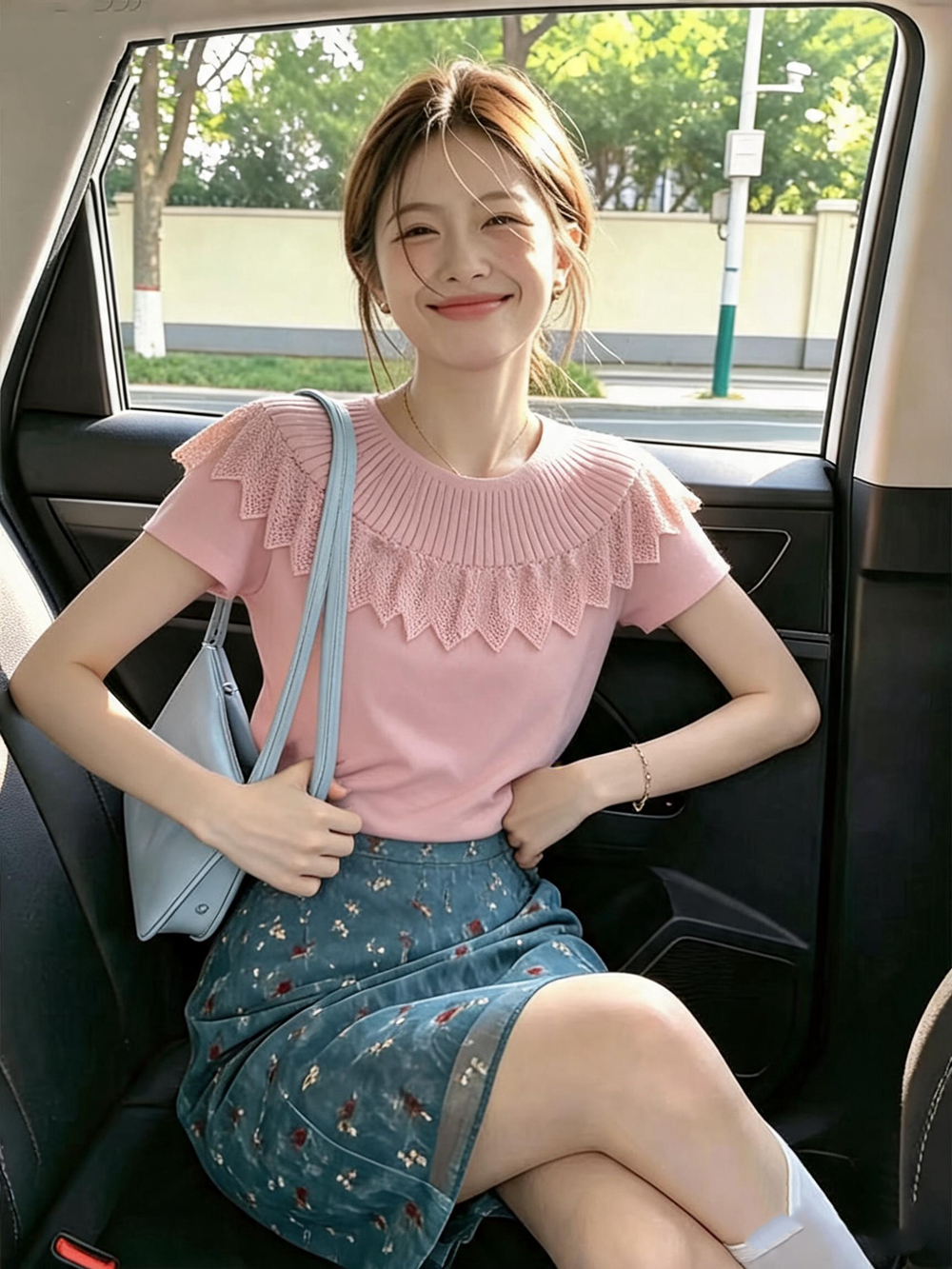 粉色荷叶边上衣女夏小众设计感独特绝美巨好看的冰丝针织短袖t恤 服裝批發女裝批發服飾貨源