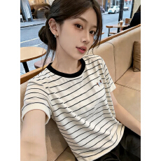 批发清新洋气条纹小狗刺绣圆领短袖t恤女宽松舒适冰丝针织衫2026夏季