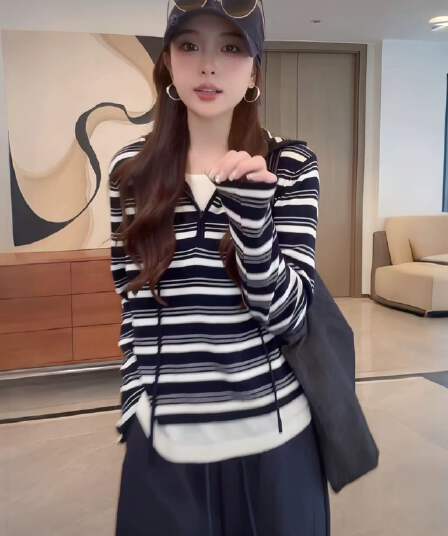 한국 스타일 스트라이프 후드 페이크 레이어드 니트 스웨터 여성 가을 연령 감소 슬림해 보이는 인사이드 가져 가라. 만나는 모자 셔츠 풀오버 맨위 트렌디