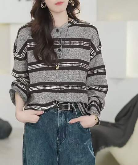 느긋한 바람 배색 스트라이프 후드 니트 스웨터 여성 2026 가을 새로운 레트로 루즈핏 빅 사이즈 블라우스 맨위