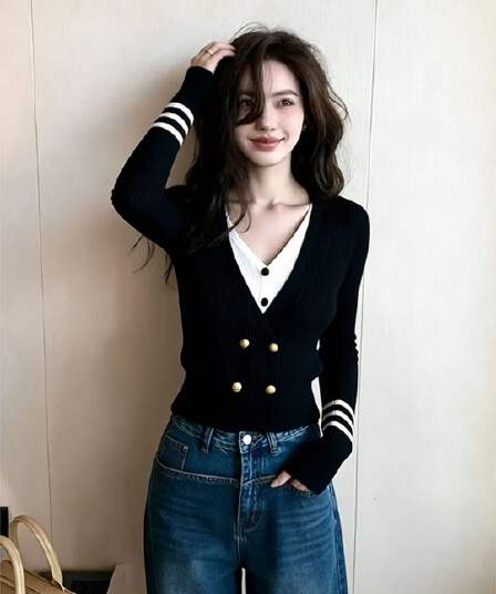 가을 겨울 한 부서 분위기 센스 착용 잡아라. 의류 고유 한 슈퍼 잘 생긴 몸매 가꾸기 슬림해 보이는 검정색 페이크 레이어드 니트 오픈 가디건 여성