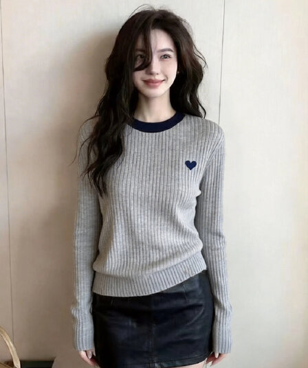 아름다운 프랑스식 루즈핏 배색 기본 셔츠 여성 이른 가을 하트 자수 디자인 센스 인사이드 가져 가라. 스웨터 니트 스웨터 맨위