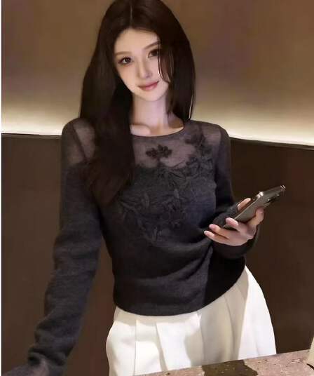 프랑스식 캐주얼 섹시함 바람 회색 맨위 여성 밝은 눈 착용 가져 가라. 루즈핏 슬림해 보이는 시스루 맨위 다용도 2026 가을