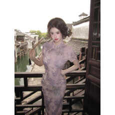 批发新中式连衣裙高级感名媛<b class='q'>复古</b>提花紫色改良旗袍气质长裙性感包臀裙