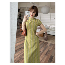 批发步生莲夏季全包边新中式水滴抽褶收腰<b class='q'>复古</b>条纹旗袍修身气质连衣裙