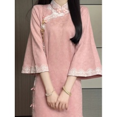 批发粉色倒大袖旗袍改良年轻款少女气质<b class='q'>复古</b>连衣裙2026新款新中式日常