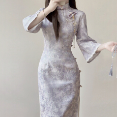 批发2026春秋旗袍新款气质高端修身改良版少女年轻款紫色连衣裙秋<b class='q'>冬</b>